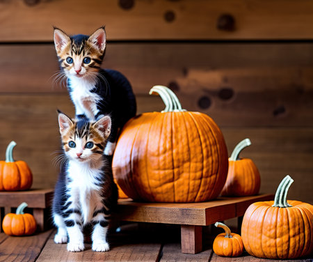 Cute little kittens and pumpkins on wooden background. Halloween conceptの写真素材