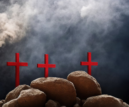 Conceptual image of three red crosses on top of a rockの写真素材