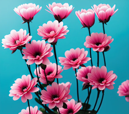 Beautiful pink gerbera flowers on blue background. Floral background.の写真素材