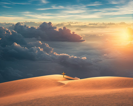 Conceptual image of cross on top of sand duneの写真素材