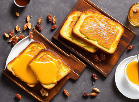 French toast with honey and nuts on a stone background. Top viewの写真素材