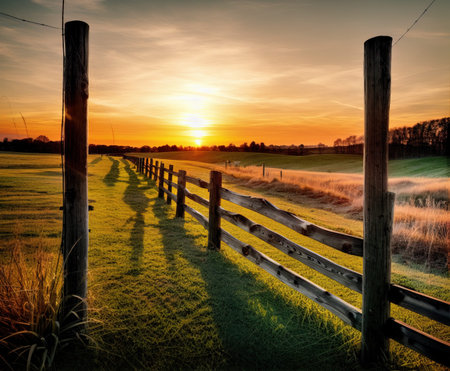 Sunset over a green field with wooden fence. Vintage style.