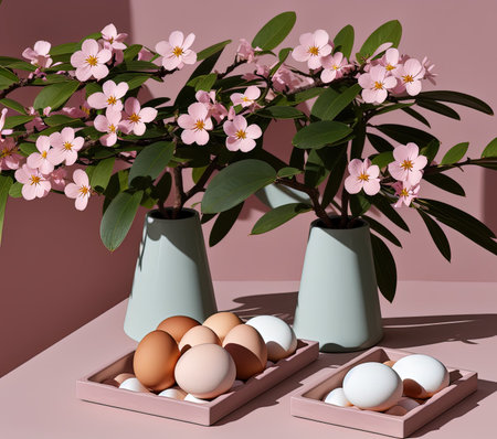 Easter eggs and spring flowers in a vase. 3d render