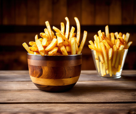 Golden French fries potatoes in wooden bowl on rustic wooden background.