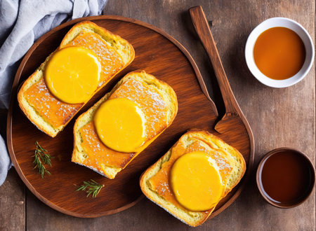 Slices of orange crostini on a wooden board.