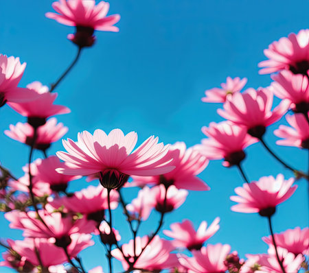 Pink cosmos flowers on blue sky background. Floral natural background.の写真素材