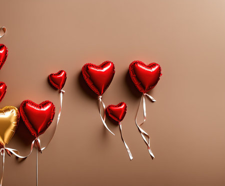 Valentine's Day background with red and gold heart shaped balloons.の写真素材