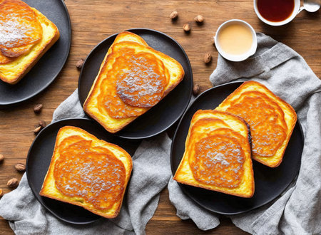 French toast with apricot jam on wooden table, top viewの写真素材