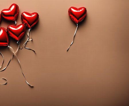 Valentine's day background with red heart-shaped balloons on brown backgroundの写真素材