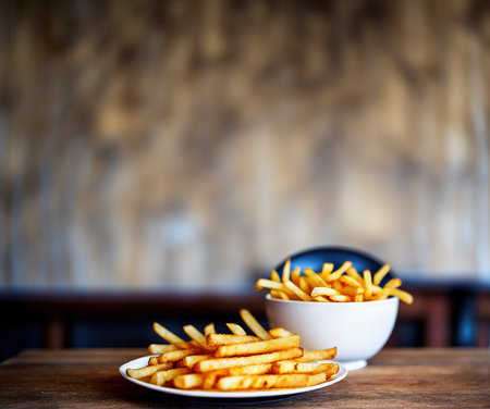 French fries in bowl on wooden table in cafe. Selective focus.の写真素材