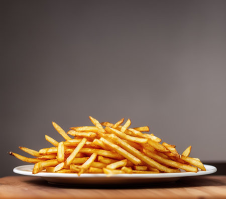 French fries on a plate on a wooden table. Toned.