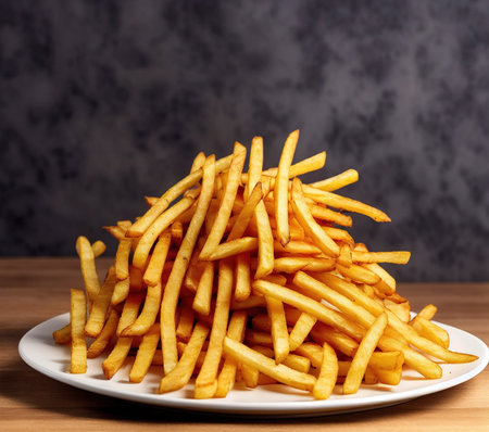 Golden French fries potatoes on a white plate on a wooden table.
