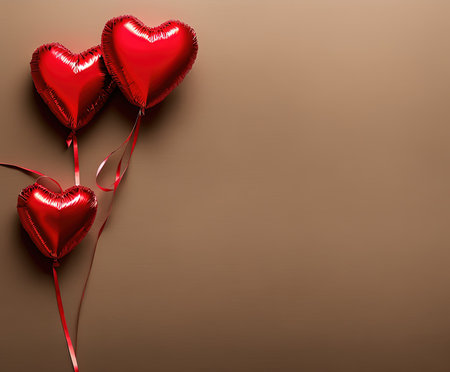 Valentine's day background with red heart shaped balloons on brown backgroundの写真素材