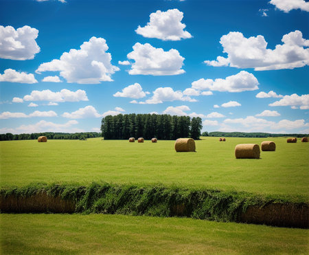 Field with hay bales and blue sky with white clouds, summer landscape