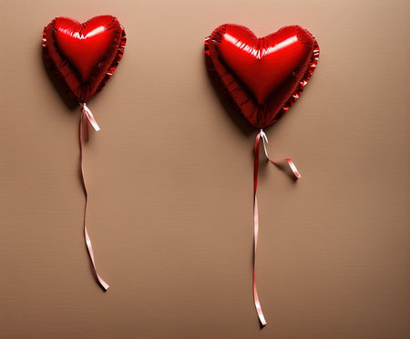 Valentine's day greeting card with red heart-shaped balloons on brown backgroundの写真素材