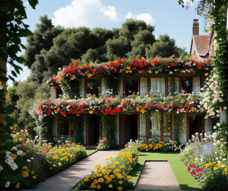 Garden of a house with flowers in the foreground, UK.の写真素材