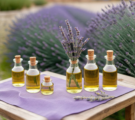 Lavender essential oil in small bottles with fresh lavender flowersの写真素材