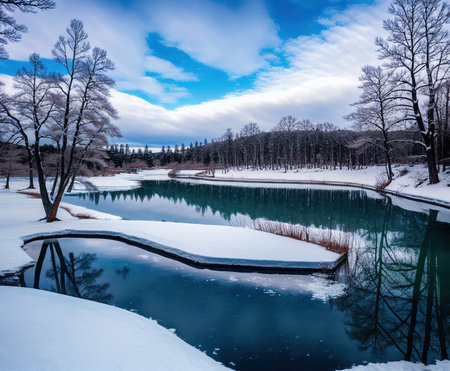 Winter landscape with frozen lake and snow covered trees. Beautiful winter landscape.の写真素材
