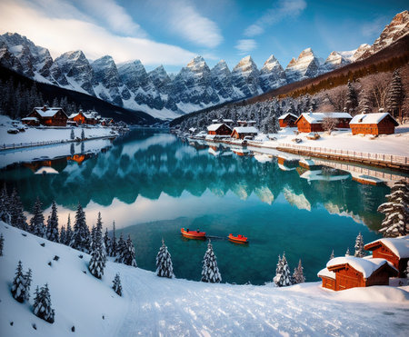 Fantastic winter landscape with alpine lake. Dramatic wintry scene. Beauty world.の写真素材