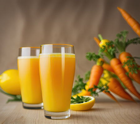 Fresh carrot juice in glass on wooden table with fresh carrots and lemonsの写真素材