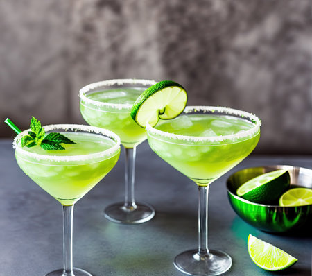 Green margaritas with lime and mint on a dark background.の写真素材