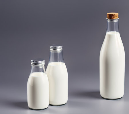 Milk bottles on a gray background. 3d render illustration.の写真素材