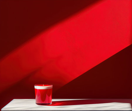 Red candle on a white table against a red wall. 3d renderingの写真素材