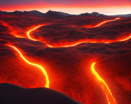 Volcanic eruption, 3d render of lava flow in the desertの写真素材