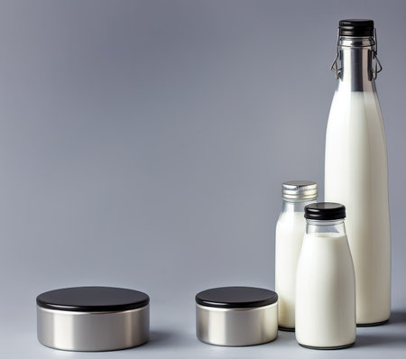Milk bottle mockup on grey background. 3d rendering.の写真素材