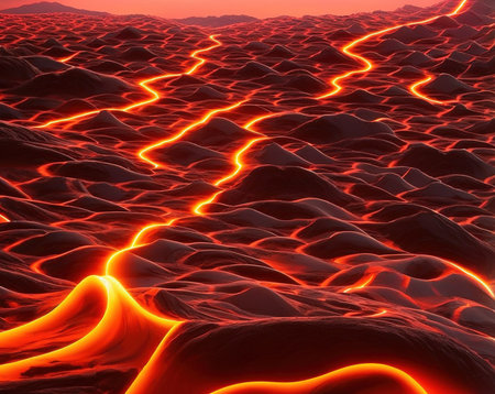 Lava flow in the desert. 3d rendering. Computer digital drawing.