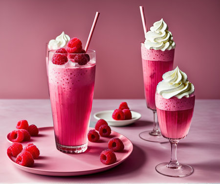 Raspberry milkshake with whipped cream and fresh raspberries in glasses on pink backgroundの写真素材