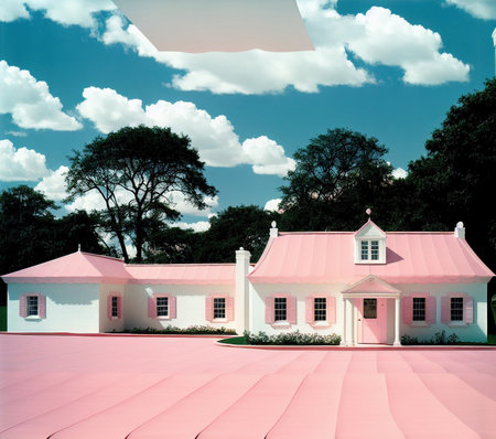 pink and white house in the garden with blue sky and cloudsの写真素材