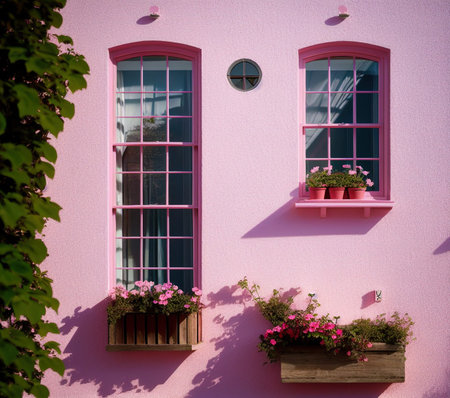 Beautiful window with flowers on the pink wall of a house.