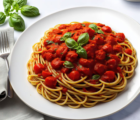 Spaghetti with tomato sauce and basil on a white plate, top viewの写真素材