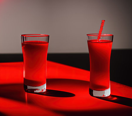 Two glasses of red cocktail with a straw on a red background.の写真素材