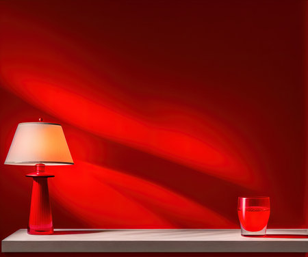 Table lamp and a glass of water on a shelf against a red backgroundの写真素材