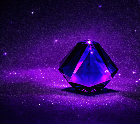 Purple diamond on a purple background. 3D illustration. Copy space.