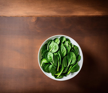 Bowl of fresh spinach leaves on wooden background. Top view.の写真素材