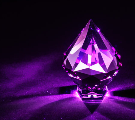 diamond on a black background with purple light, low key lightingの写真素材