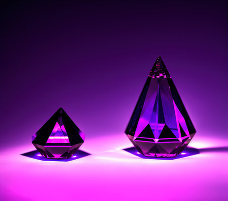 Three crystals on a purple background. 3d rendering. Neon light.の写真素材