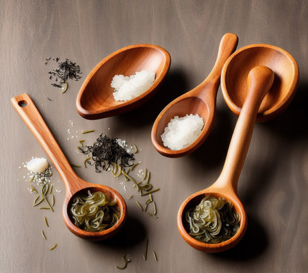 Spoon with sea salt and seaweed on a wooden background.の写真素材