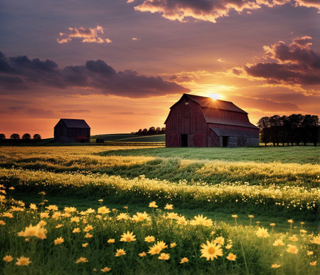 American Countryside with Red Barn and Yellow Flowers on a Dramatic Sunsetの写真素材
