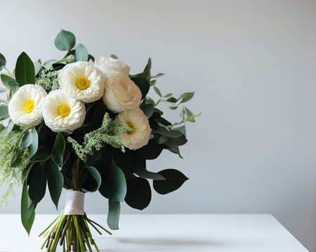 Bouquet of white roses and eucalyptus on a white tableの写真素材