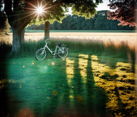 Bicycle on the meadow with reflection of trees in the waterの写真素材