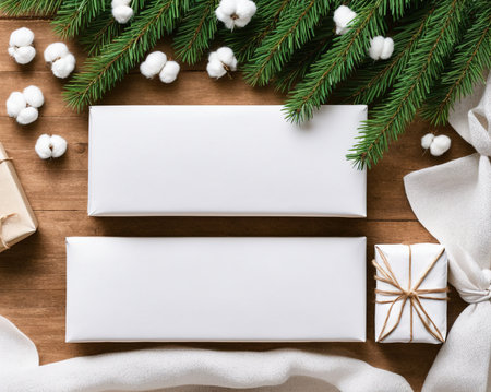 Christmas greeting card mockup on wooden background with fir tree branches, gift boxes and cotton flowersの写真素材