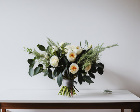 bouquet of white roses and eucalyptus on tableの写真素材