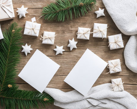 Christmas greeting card with gift boxes, fir branches and snowflakes on wooden backgroundの写真素材