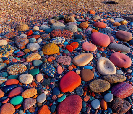 Colorful pebble stones on the seashore at sunsetの写真素材