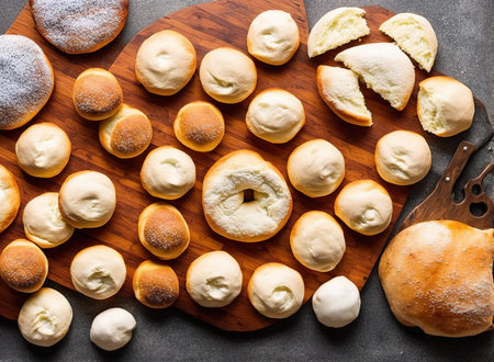 Bread rolls with cream cheese on a wooden board. Top view