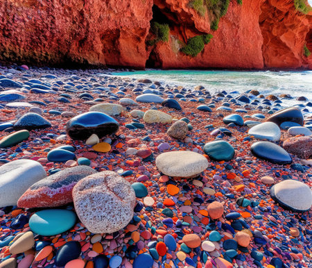 Colorful pebbles on a beach in Algarve, Portugalの写真素材